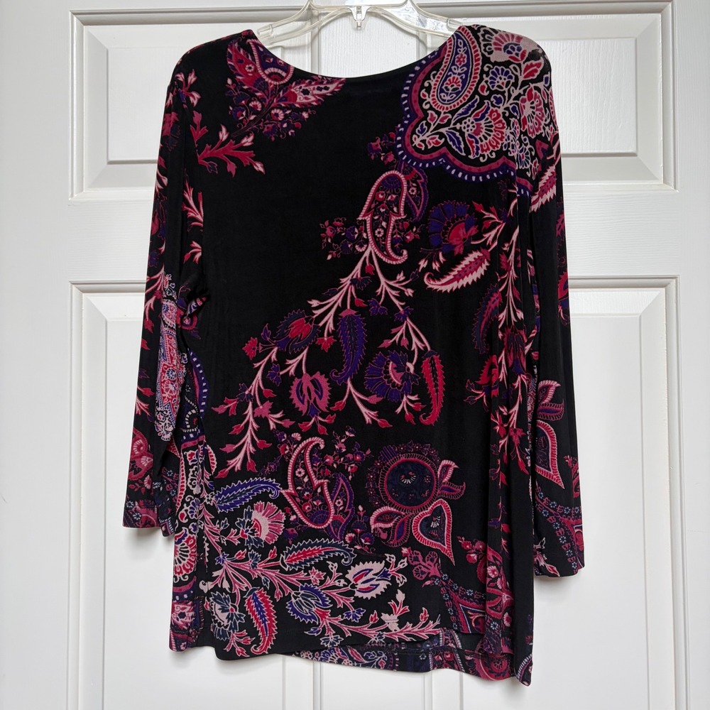 Chicos Travelers Paisley 3/4 Sleeve Scoop Neck Top Size 3 XL Travel Comfy Boho - Picture 9 of 10